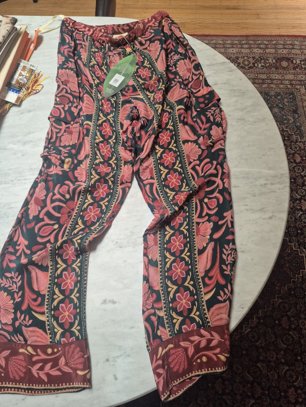 FARM Rio Seashell Tapestry Teal Pants featuring a sea-inspired arabesq. NWT med